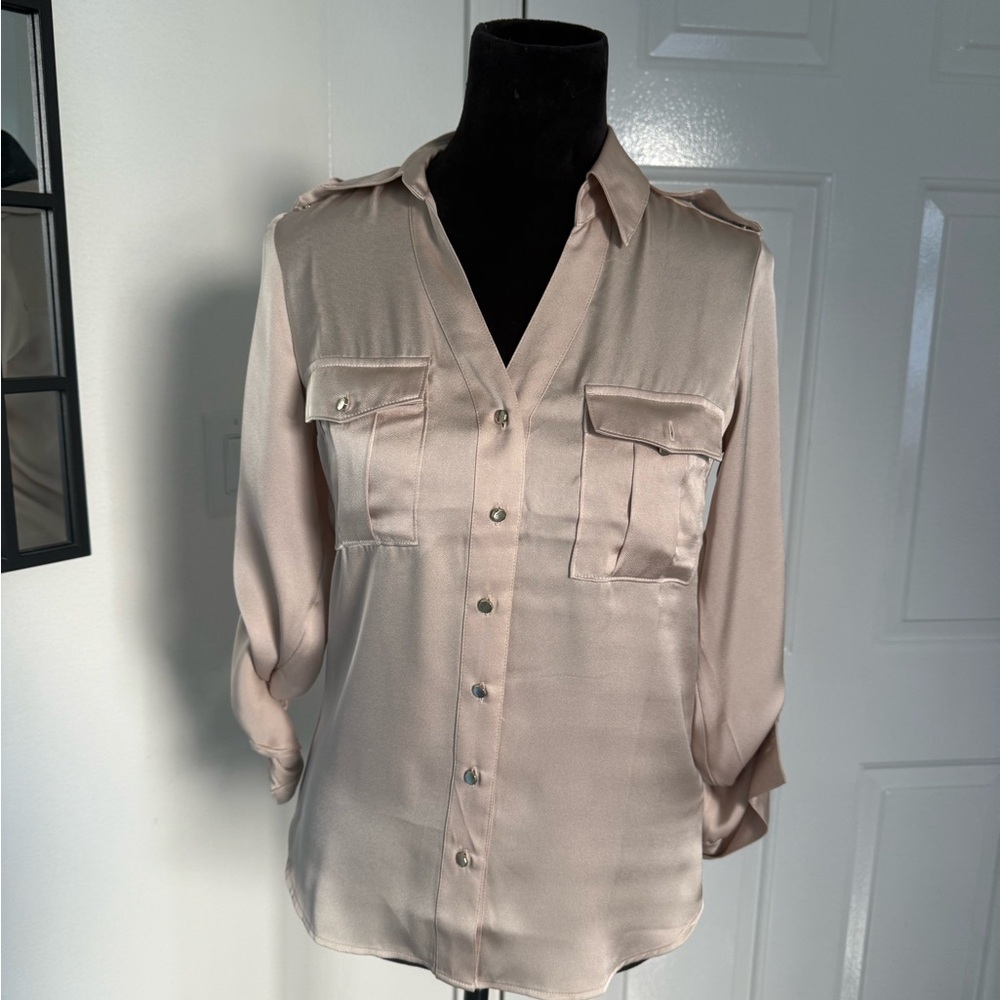 Express Chic Beige Button-Up Blouse